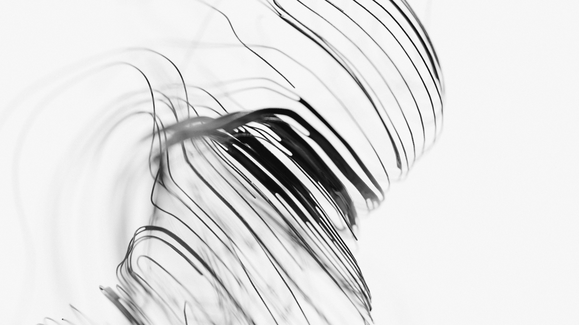 Collection of black strands liquid-like in a white void.